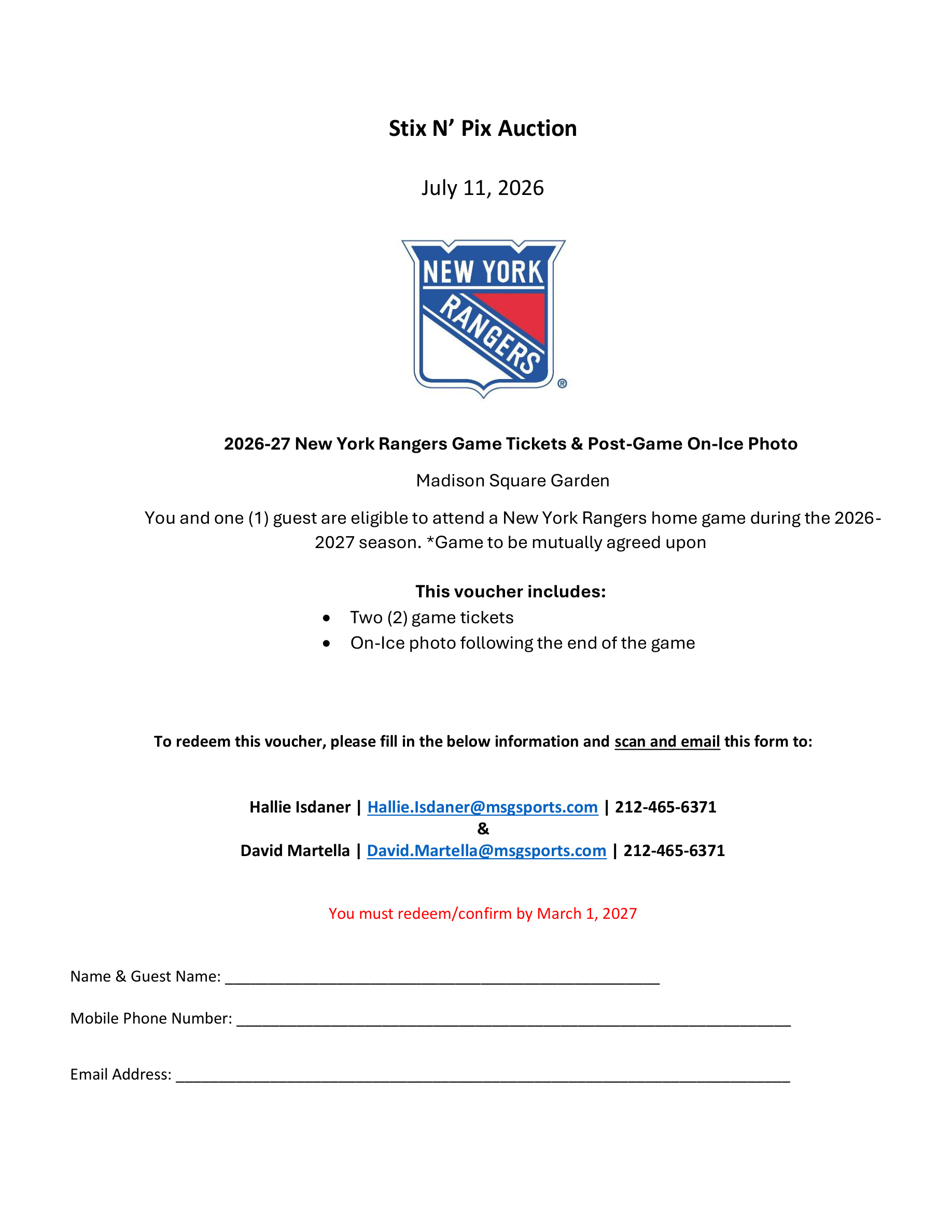 New York Rangers VIP Game Experience for Two